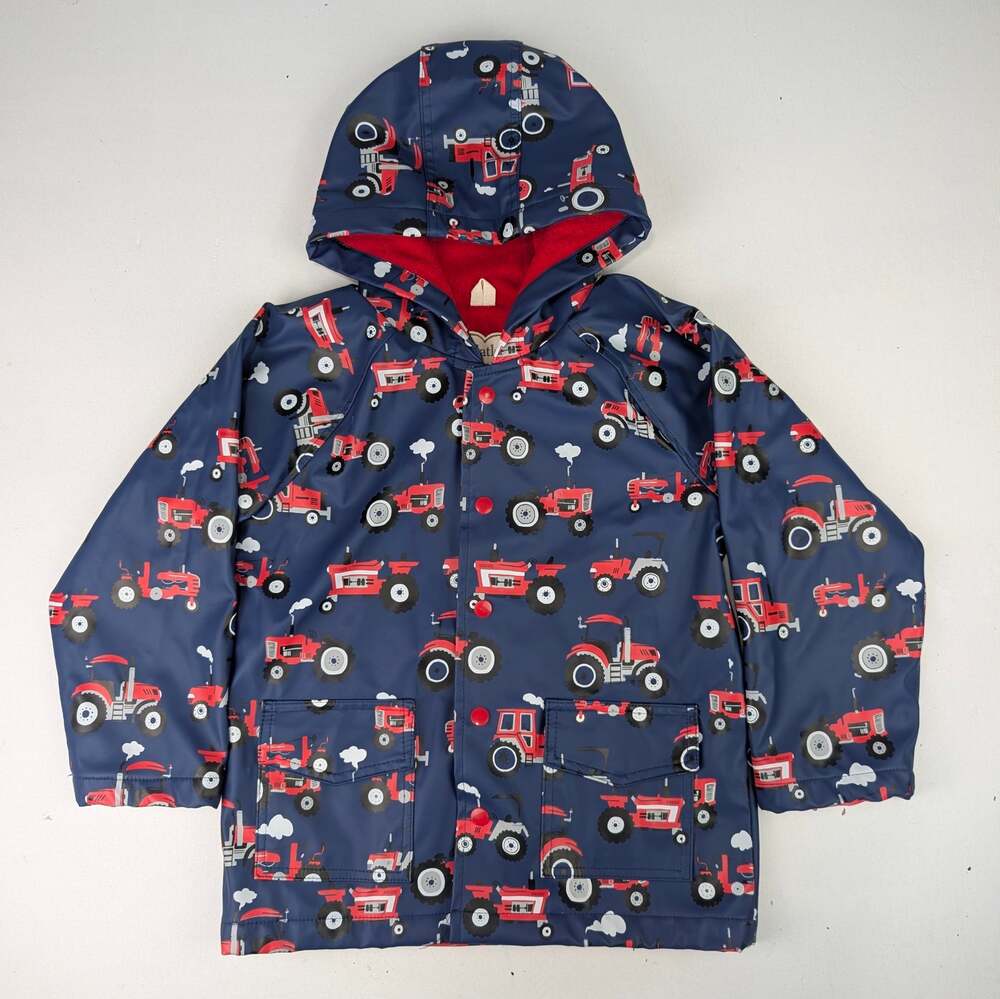 Hatley Boys Size 6 Tractor Rain Coat - Red/Navy/White